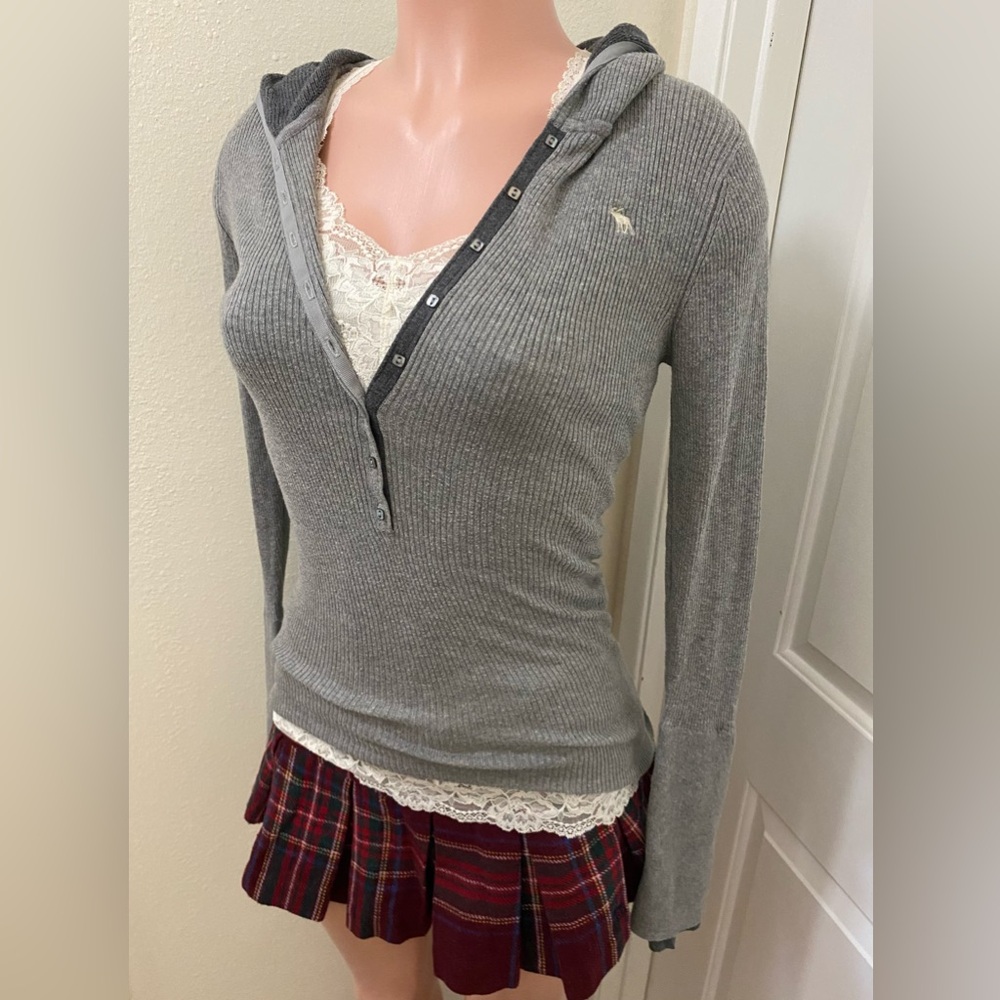 Vintage y2k Abercrombie grey button up ribbed hooded long sleeve top - Picture 13 of 15